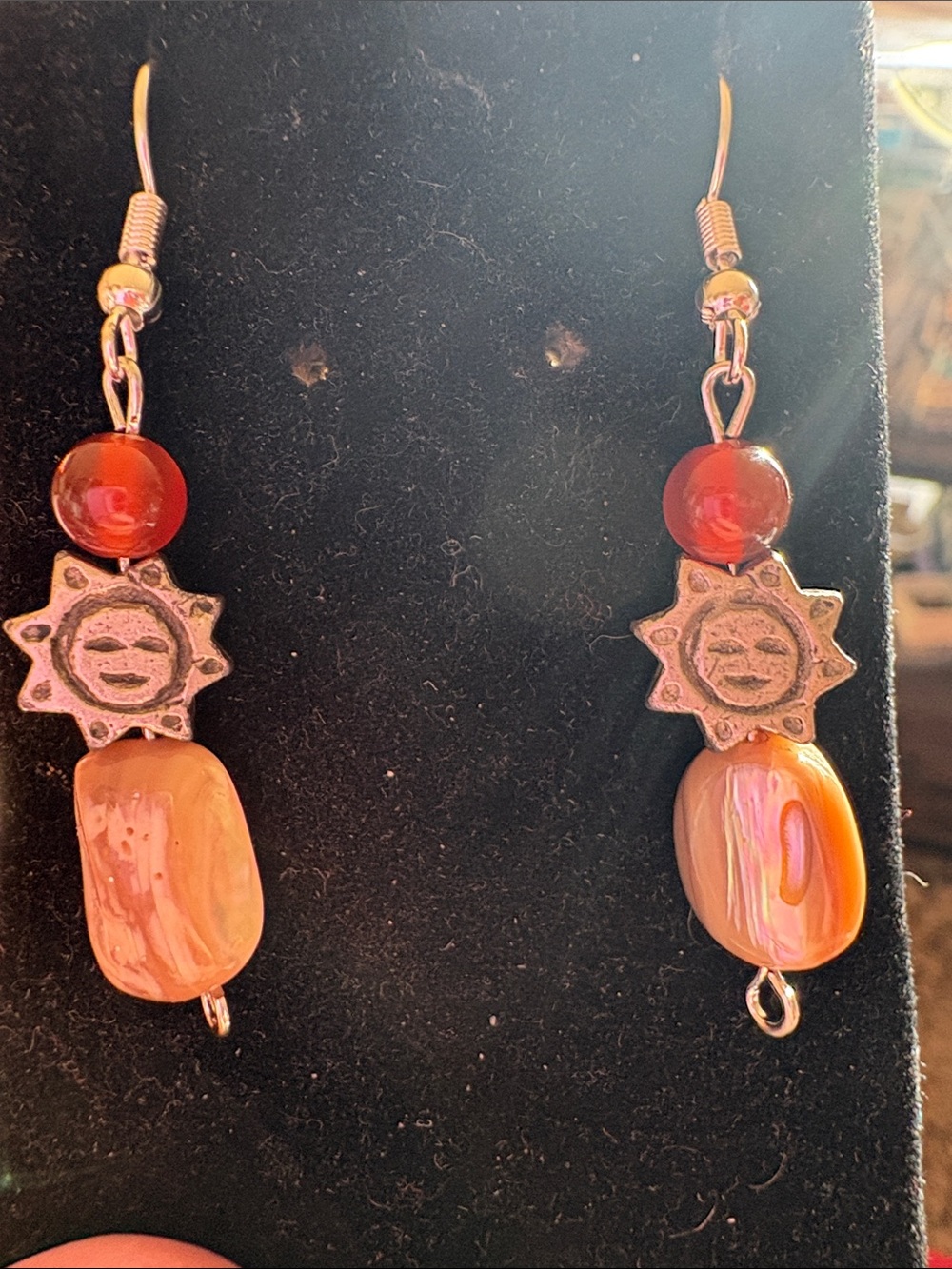Sun Motif Pearl and Carnelian Bead Drop Earrings
